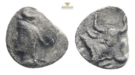 Mysia, Kyzikos AR Hemiobol. c. 410-400. Head of Attis l., wearing Phrygian cap; ...