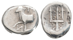 THRACE, Byzantion. 387-340 BC. AR Hemidrachm (1.9 g. 11,6 mm.) Bull on dolphin / Decorated trident. SNG.BM.16. Toned VF.