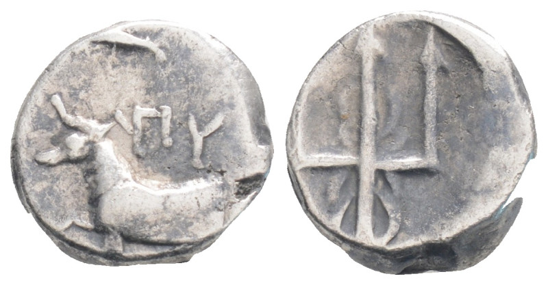 THRACE, Byzantion. 387-340 BC. AR Hemidrachm (1.8 g. 11,5 mm.) Bull on dolphin /...