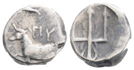 THRACE, Byzantion. 387-340 BC. AR Hemidrachm (1.8 g. 11,5 mm.) Bull on dolphin / Decorated trident. SNG.BM.16. Toned VF.