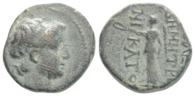SELEUKID EMPIRE. Demetrios II Nikator. First reign, 146-138 BC. Æ (16,3 mm, 3.9 g,) Uncertain mint, perhaps Nisibis . Diademed head right / Nike stand...