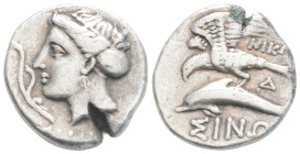 PAPHLAGONIA. Sinope. Drachm (Circa 330-300 BC). Phageta-, magistrate. 6 g. 19 mm.
Obv: Head of nymph left, with hair in sakkos; aphlaston to left.
Rev...