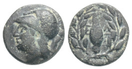 Greek
Aeolis. Elaia 350-300 BC. Bronze Æ, 10,7 mm., 1,1 g.
Helmeted head of Athena left / Grain-ear, to left and right, E-Λ, all within olive wreath. ...