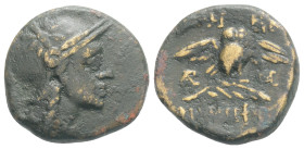 Greek, MYSIA. Pergamon. (Circa 200-133 BC). AE Bronze (16 mm. 3,3 g.)
Obv: Head of Athena right, wearing helmet decorated with star.
Rev: AΘHNAΣ / NIK...