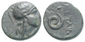 MYSIA. Pergamon. Attalos II Philadelphos (160-139 BC). Ae .
Head of Athena in Attic helmet right. ΦIΛETAIΡOΥ./ Serpent coiled right; monogram in left ...