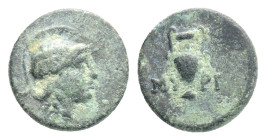 Myrina, AE 2nd - 1st Century BC, 0,80 g. 10 mm.
Head of Apollo right / Amphora between MY–PI. BMC 27-31. VF 3715