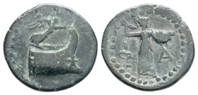 Greek
Lycia. Phaselis circa 190-167 BC. Bronze Æ, 19,7 mm. 3,9 g.
Prow of galley right, above, Nike flying right, holding wreath / Φ [A?], Athena stan...