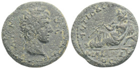 Roman Provincial
Lydia. Tripolis. Pseudo-autonomous issue AD 138-192. Bronze Æ, 22,9 mm., 7,3 g.
laureate head of Demos right / River god Maiandros re...