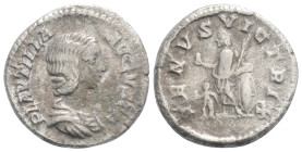 Plautilla (wife of Caracalla) AR Denarius. Rome, AD 202-205. 2.7g, 18,6 mm, PLAVTILLA AVGVSTA, draped bust to right / VENVS VICTRIX, Venus standing fa...