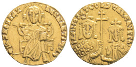BASIL I THE MACEDONIAN with CONSTANTINE (867-886). GOLD Solidus. Constantinople. 4,29 g. 19,3 mm.
Obv: + IҺS XPS RЄX RЄGNANTIЧM ✷.
Christ Pantokrator ...