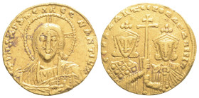 Byzantine Coins
CONSTANTINE VII PORPHYROGENITUS with ROMANUS II (913-959). GOLD Solidus. Constantinople. (4.38 g. 19 mm. ) 
Obv: + IҺS XPS RЄX RЄGNANT...