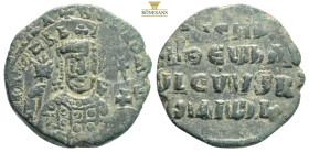 Romanus I Æ Nummus. AD 920-944. facing bust of Romanus I, bearded, wearing crown with cross and jewelled chlamys, holding globe and labarum transverse...