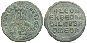 Byzantine
Leo VI the Wise (886-912 AD) Constantinople AE Follis (27,2 mm, 8,2 g)
Obv: Crowned and draped bust facing, holding akakia
Rev: +LЄOҺ/ЄҺ ӨЄO...