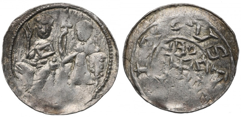 Poland, Bolislaus III, Denarius, Cracow - NGC MS62 Rzadki typ denara z podwójnym...