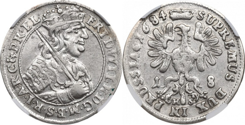 Prussia, 18 groschen 1684, Konigsberg - NGC AU58 Piękny okołomenniczy egzemplarz...