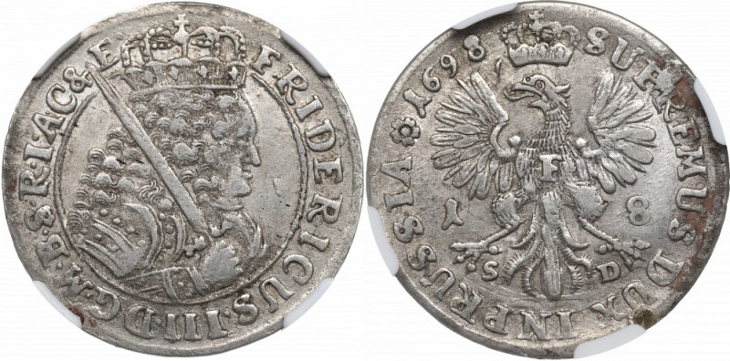 Germany, Preussen, Friedrich III, 18 groschen 1698, Konigsberg - NGC AU Details ...