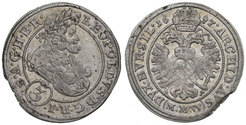 Śląsk pod panowaniem Habsburgów, Leopold I, 3 krajcary 1697 MMW, Wrocław Ładny e...