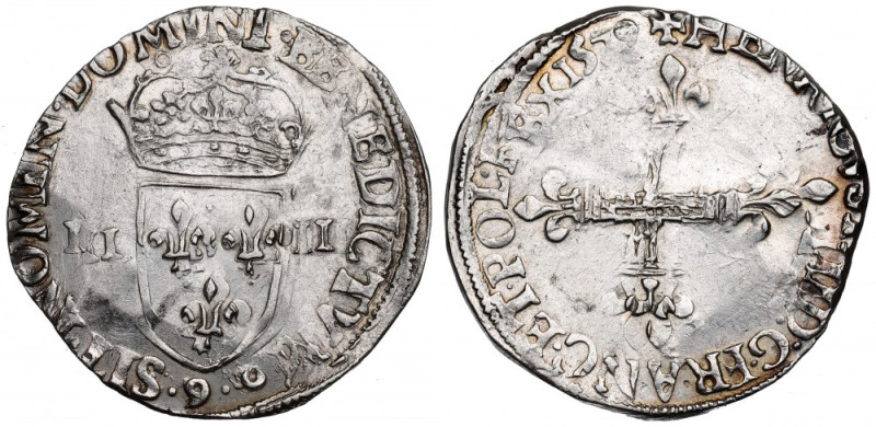 France/Poland, Henri III, 1/4 ecu 1579, Nantes Piękny centryczny egzemplarz z mn...