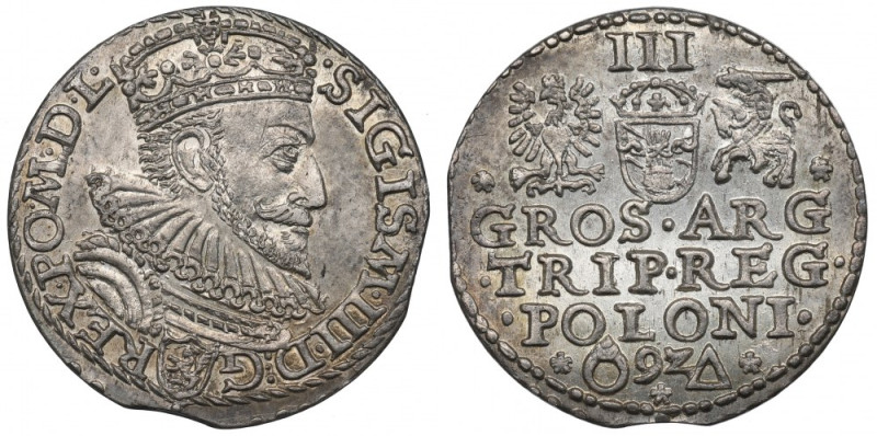 Sigismund III, 3 groschen 1592, Marienburg Piękny, okołomenniczy egzemplarz. Nie...