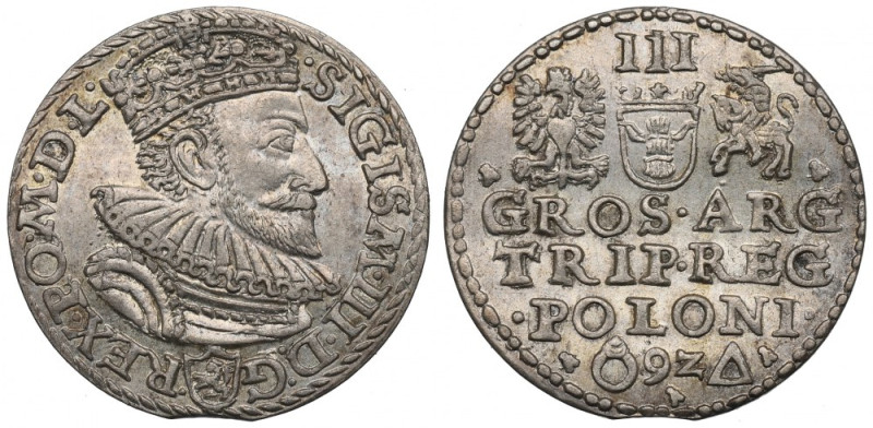 Sigismund III, 3 groschen 1592, Marienburg Piękny, okołomenniczy egzemplarz. Nie...