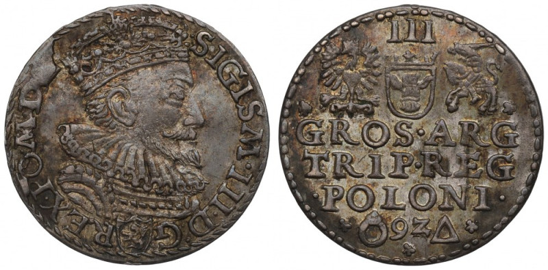 Sigismund III, 3 groschen 1592, Marienburg Ładny egzemplarz. Odmiana z kryzą 13-...