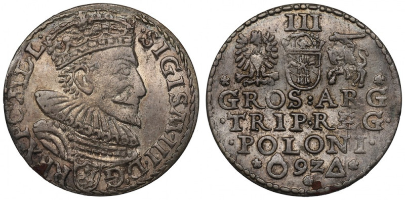 Sigismund III, 3 groschen 1592, Marienburg Ładny egzemplarz. Odmiana z kryzą 12-...