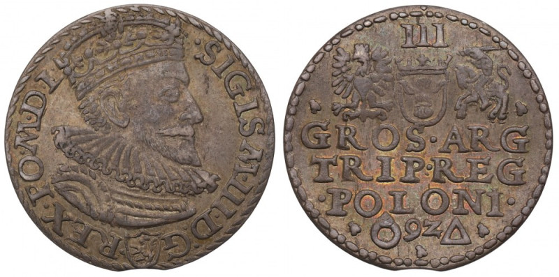 Sigismund III, 3 groschen 1592, Marienburg Ładny egzemplarz. Odmiana z kryzą 14-...