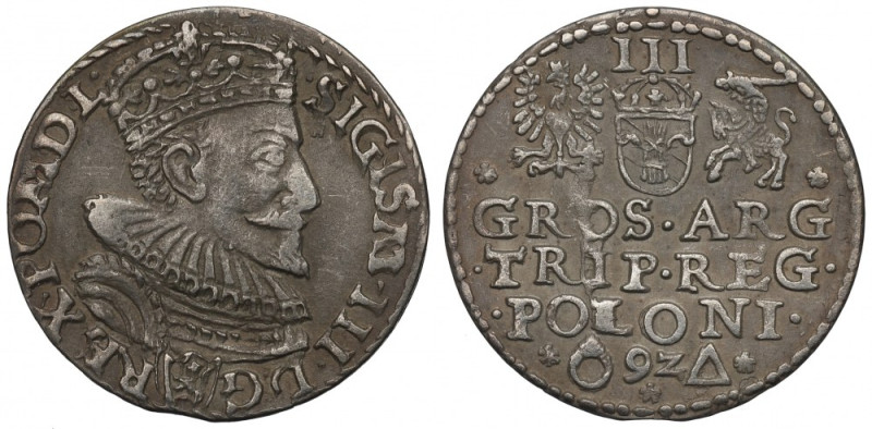 Sigismund III, 3 groschen 1592, Marienburg Ładny egzemplarz. Odmiana z kryzą 12-...