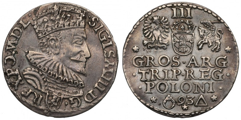 Sigismund III, 3 groschen 1593, Marienburg Bardzo ładny egzemplarz. Odmiana z po...