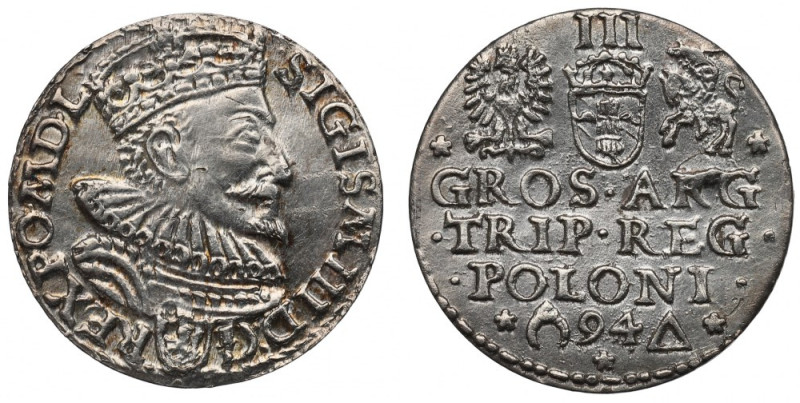 Sigismund III Vasa, 3 groschen 1594, Marienburg Ładny egzemplarz. Odmiana z wykr...