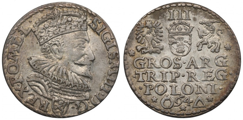 Sigismund III Vasa, 3 groschen 1594, Marienburg Ładny egzemplarz. Awers: popiers...