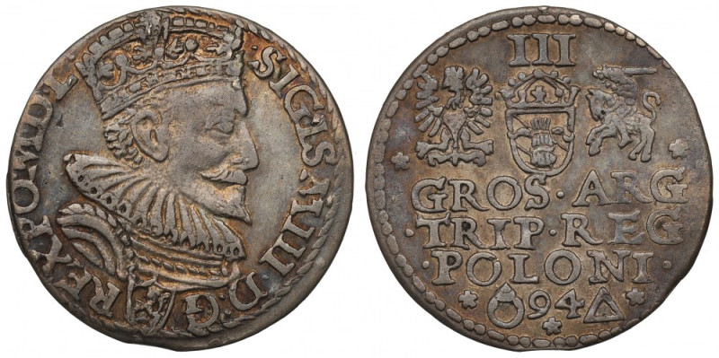 Sigismund III Vasa, 3 groschen 1594, Marienburg Ładny egzemplarz. Awers: popiers...