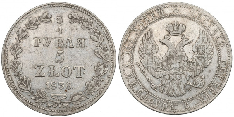 Poland under Russia, Nicholas I, 3/4 rouble=5 zloty 1836 MW, Warsaw Obiegowy egz...