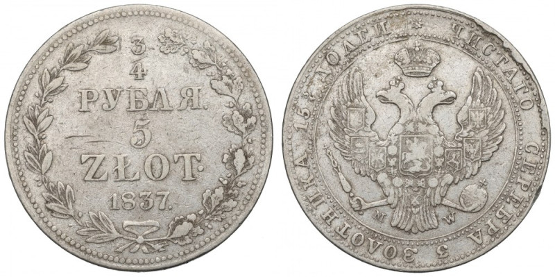 Poland under Russia, Nicholas I, 3/4 rouble=5 zloty 1837 Warsaw Czytelny egzempl...