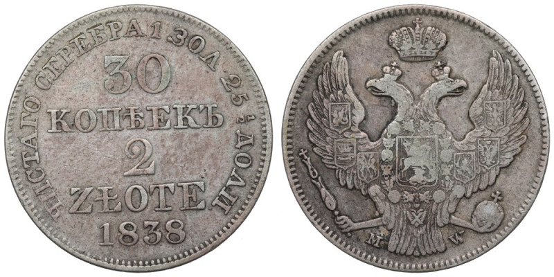 Nicholas I, 30 kopecks=2 zloty 1838 MW Obiegowy, czytelny egzemplarz. 
Grade: V...