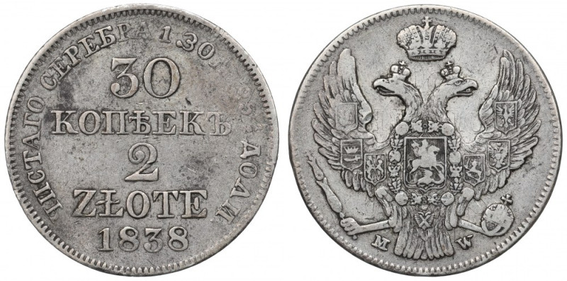 Nicholas I, 30 kopecks=2 zloty 1838 MW Obiegowy, czytelny egzemplarz. Efektowny ...