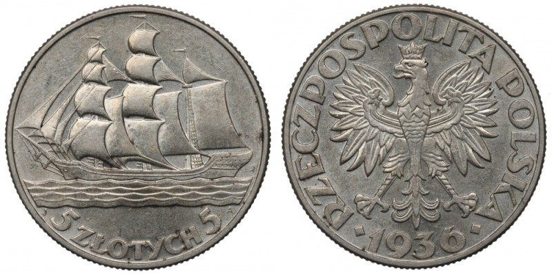 II Republic of Poland, 5 zloty 1936 Ship Bardzo ładnie zachowany egzemplarz. Del...