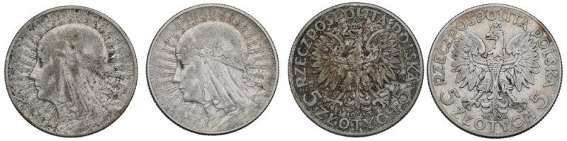 II RP, Zestaw 5 złotych 1933-34 Głowa kobiety Obiegowe egzemplarze. 

Polen, P...