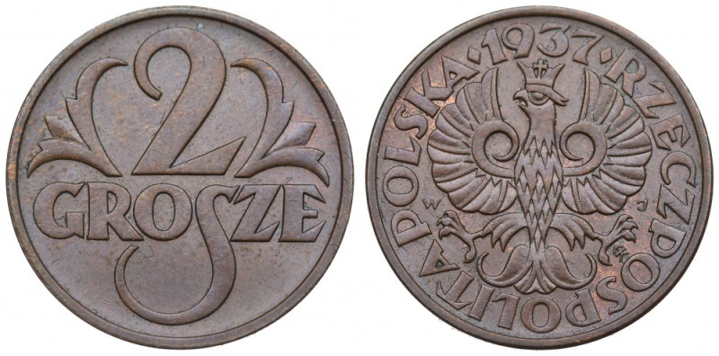 II RP, 2 grosze 1937 Menniczy egzemplarz. Ciemna patyna. 
Grade: UNC/AU 

Pol...