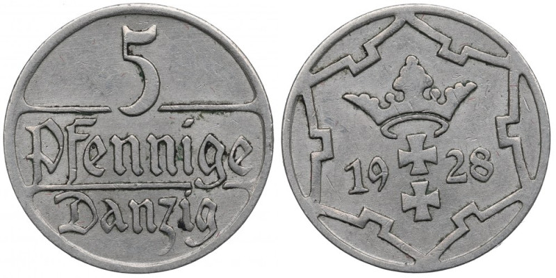 Free City of Danzig, 5 pfennig 1928 Ładnie zachowany egzemplarz feniga WMG wybit...