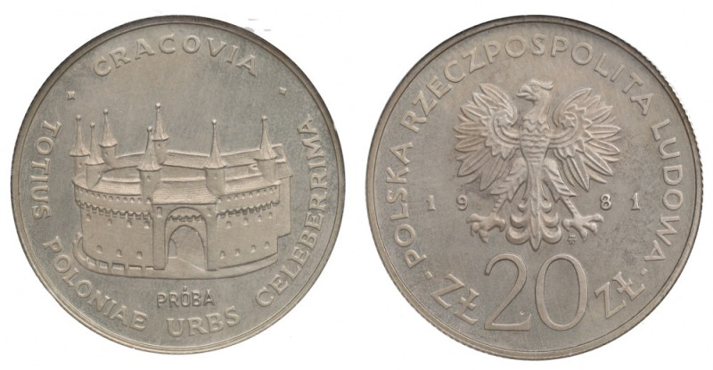 PRL, 20 złotych 1981 Kraków - Próba CuNi GCN MS66 Piękny, menniczy egzemplarz. M...