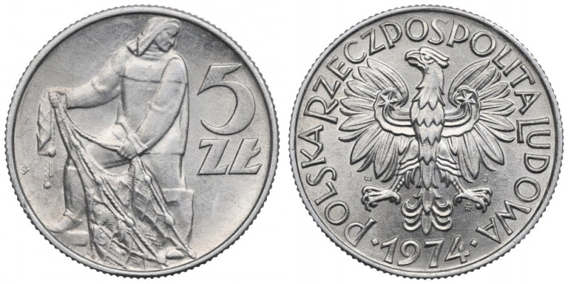 People's Republic of Poland, 5 zlotych 1974 Piękny egzemplarz. Reference: Fische...