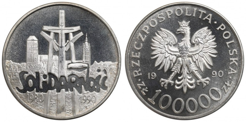 III RP, 100.000 złotych 1990 Solidarność - Prooflike Menniczy egzemplarz . Efekt...