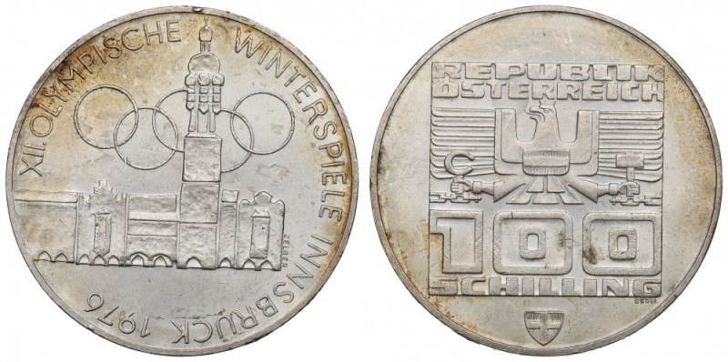 Austria, 100 schillings, 1976 Innsbruck Olypmic Games Piękny, okołomenniczy egze...