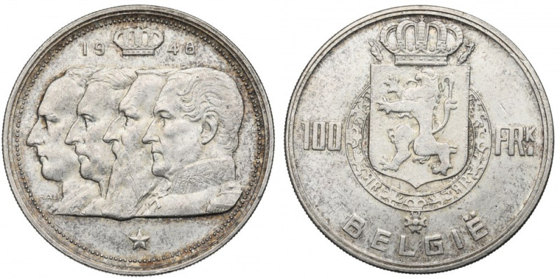 Belgium, 100 francs 1948 Piękny, okołomenniczy egzemplarz. Srebro .835, waga kat...