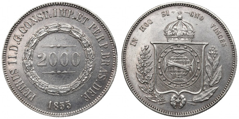 Brasil, 2.000 reis 1855 Ładnie zachowany egzemplarz rzadszego, wczesnego rocznik...