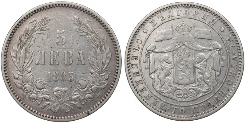 Bulgaria, 5 leva 1885 Obiegowy egzemplarz. Grafiti. Srebro .900, waga katalogowa...
