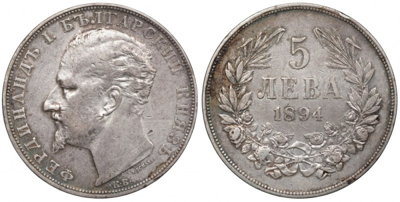 Bulgaria, 5 leva 1894 Obverse: Bust of Ferdinand I, lettering around. Lettering:...