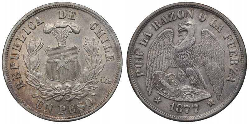 Chile, 1 peso 1877 Ładny egzemplarz. Rzadka i poszukiwana emisja. Srebro .900, w...