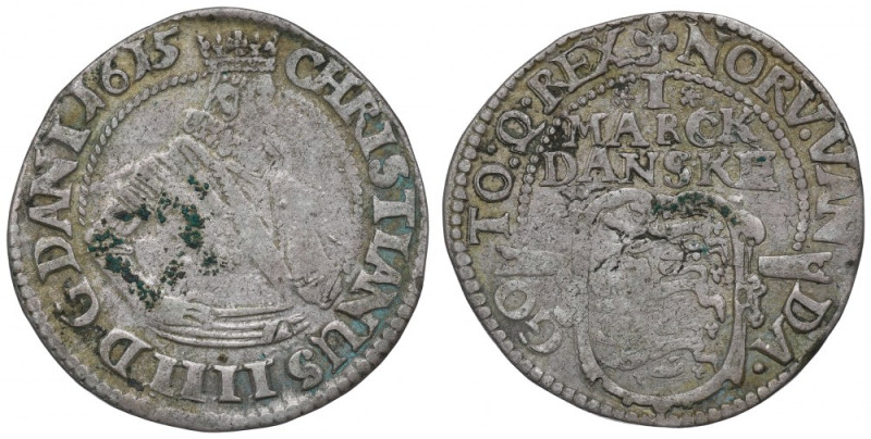 Denmark, Christian IV, 1 marck 1615, Copenhagen Ładny, lekko niedobity centralni...